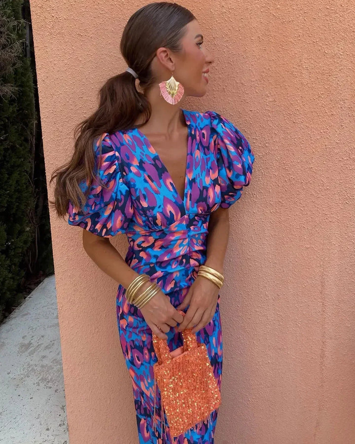 SIMONA | Vestido elegante con escote en V y mangas abullonadas