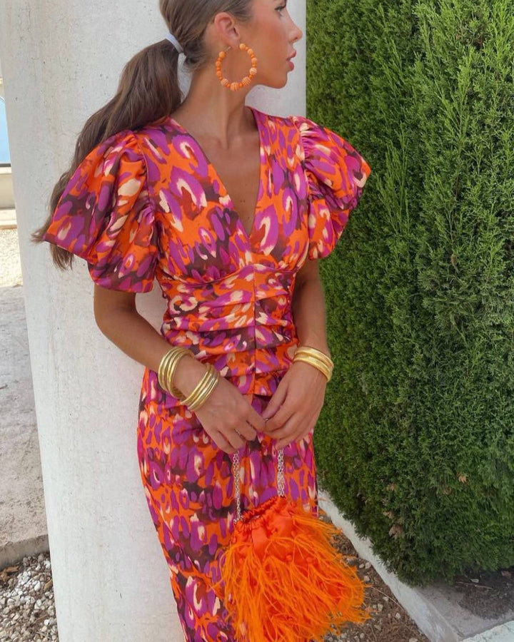 SIMONA | Vestido elegante con escote en V y mangas abullonadas